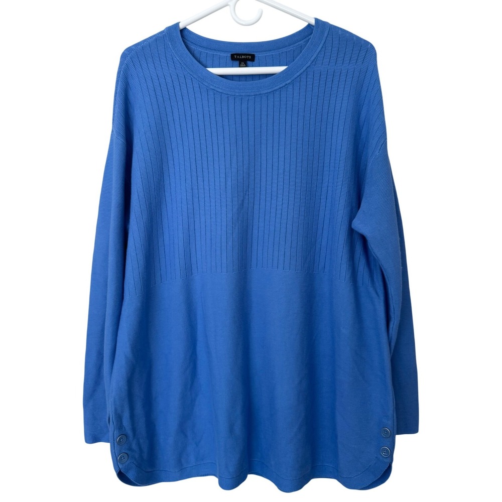 Talbots Blue Ribbed Knit Sweater Crew Neck Long‎ Sleeve Button Detail Size XL